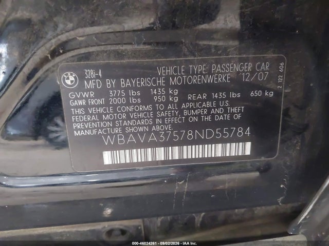 Aukcja sprzedaży 2008 Bmw 328i, vin: WBAVA37578ND55784, numer aukcji: 46024261