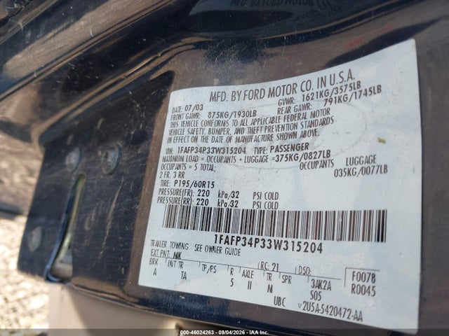 Aukcja sprzedaży 2003 Ford Focus Se, vin: 1FAFP34P33W315204, numer aukcji: 46024263