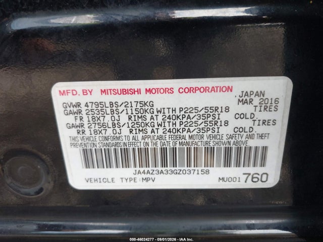Auction sale of the 2016 Mitsubishi Outlander Sel, vin: JA4AZ3A33GZ037158, lot number: 46024277