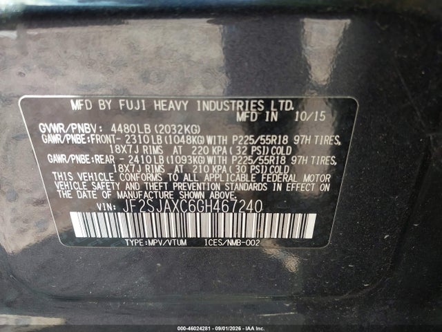 Aukcja sprzedaży 2016 Subaru Forester 2.5i Touring, vin: JF2SJAXC6GH467240, numer aukcji: 46024281