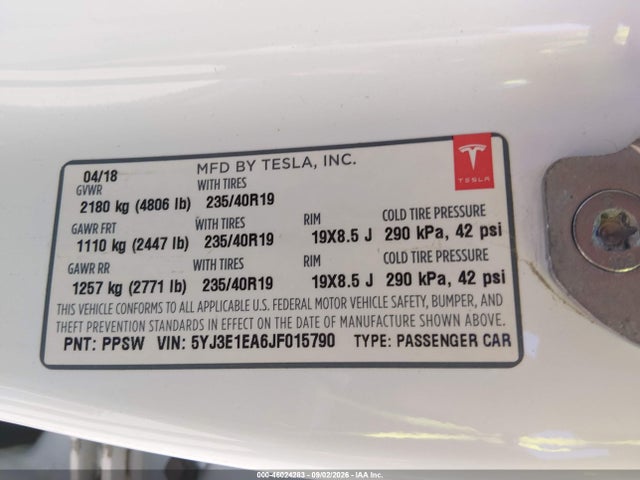 Aukcja sprzedaży 2018 Tesla Model 3 Long Range/mid Range, vin: 5YJ3E1EA6JF015790, numer aukcji: 46024283