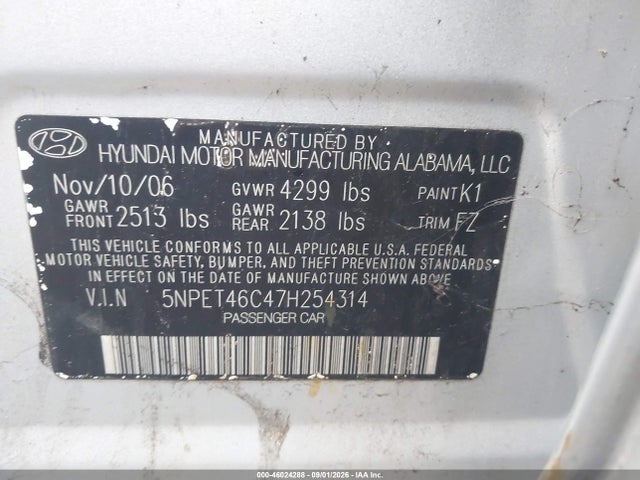 Aukcja sprzedaży 2007 Hyundai Sonata Gls, vin: 5NPET46C47H254314, numer aukcji: 46024288