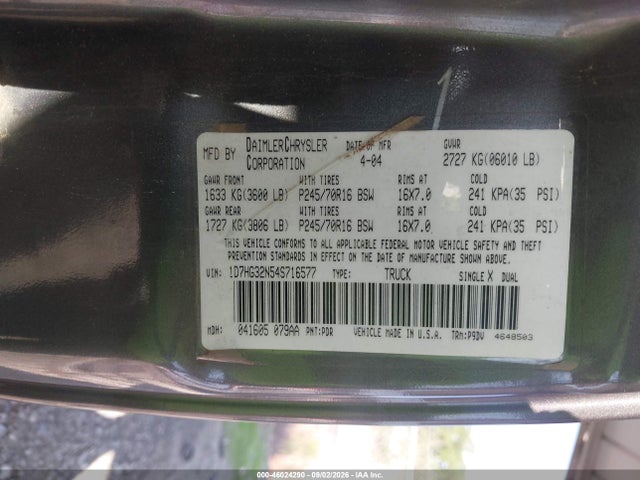 46024290 :رقم المزاد ، 1D7HG32N54S716577 vin ، 2004 Dodge Dakota Sport مزاد بيع