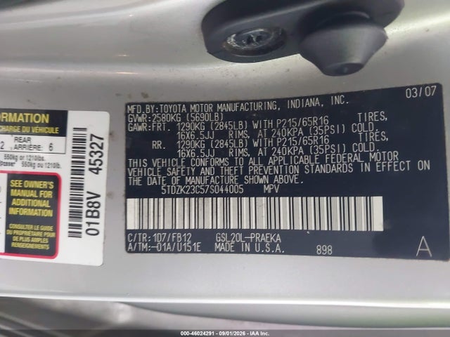 Aukcja sprzedaży 2007 Toyota Sienna Ce, vin: 5TDZK23C57S044005, numer aukcji: 46024291