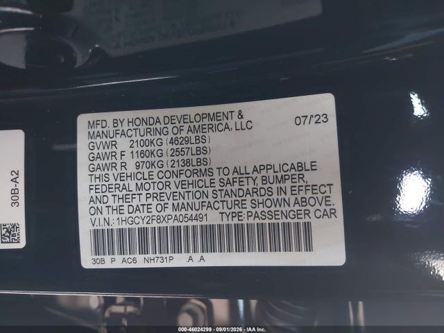 Aukcja sprzedaży 2023 Honda Accord Hybrid Touring, vin: 1HGCY2F8XPA054491, numer aukcji: 46024299