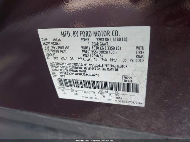 46024301 :رقم المزاد ، 1FM5K8D83KGA39475 vin ، 2019 Ford Explorer Xlt مزاد بيع