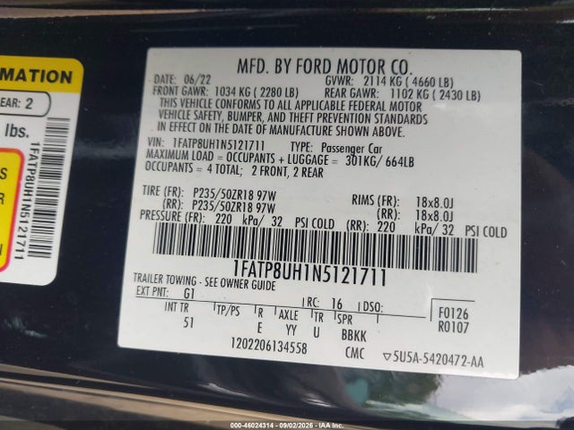 Aukcja sprzedaży 2022 Ford Mustang Ecoboost Premium, vin: 1FATP8UH1N5121711, numer aukcji: 46024314