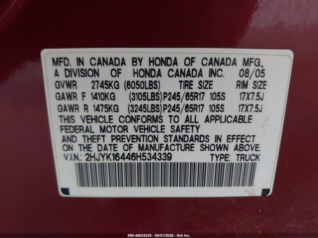 46024320 :رقم المزاد ، 2HJYK16446H534339 vin ، 2006 Honda Ridgeline Rts مزاد بيع