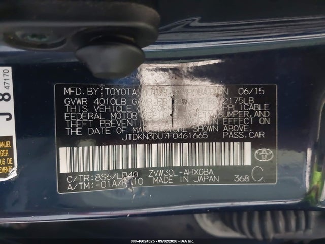 Aukcja sprzedaży 2015 Toyota Prius Four, vin: JTDKN3DU7F0461665, numer aukcji: 46024325