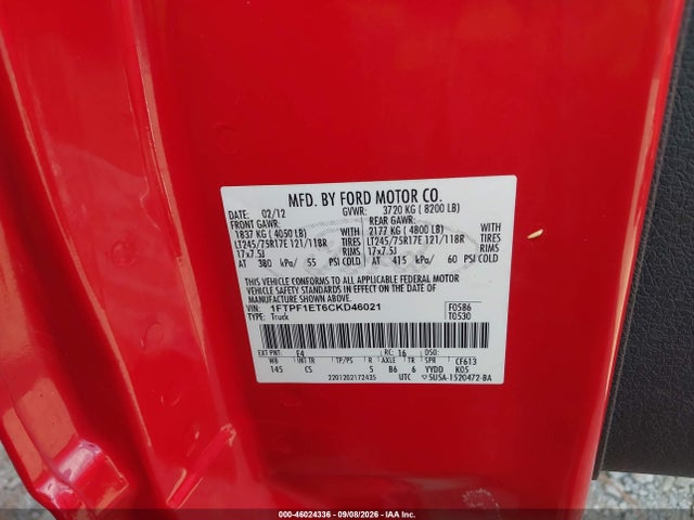 2012 Ford F-150 Xl W/hd Payload Pkg მანქანა იყიდება აუქციონზე, vin: 1FTPF1ET6CKD46021, აუქციონის ნომერი: 46024336