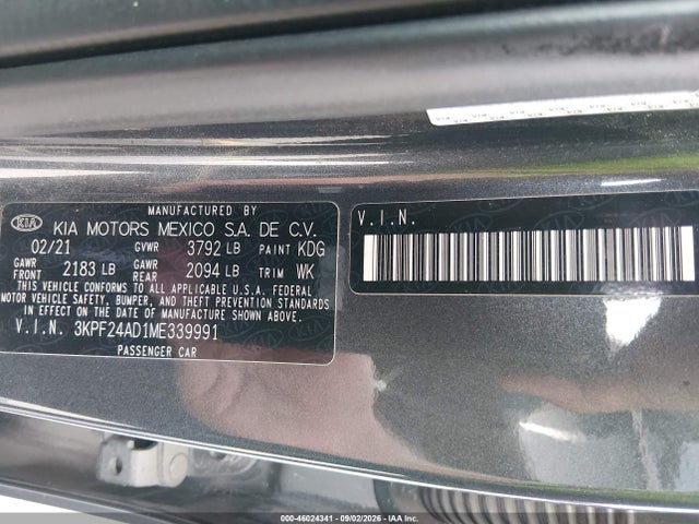 Продажа на аукционе авто 2021 Kia Forte Fe, vin: 3KPF24AD1ME339991, номер лота: 46024341