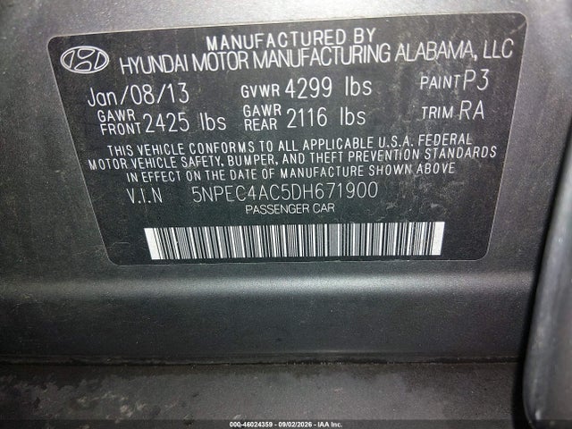 2013 Hyundai Sonata Se მანქანა იყიდება აუქციონზე, vin: 5NPEC4AC5DH671900, აუქციონის ნომერი: 46024359