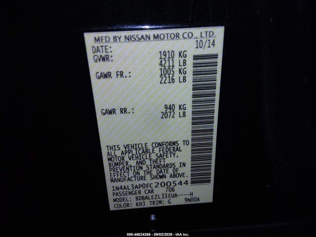 Nissan Altima 2.5 S 2015 1N4AL3AP0FC200544 Image 9