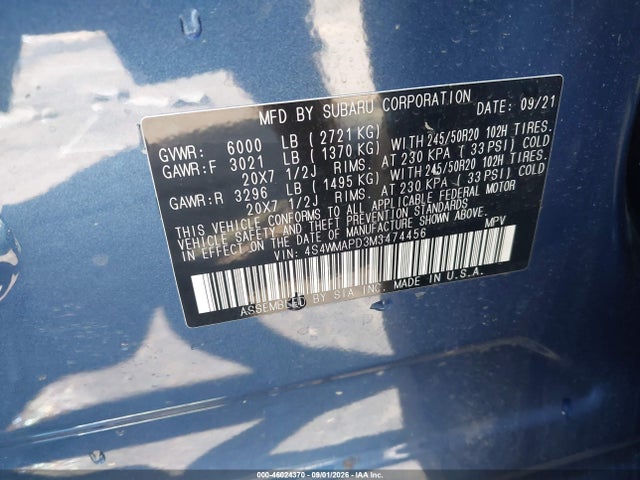 Aukcja sprzedaży 2021 Subaru Ascent Limited, vin: 4S4WMAPD3M3474456, numer aukcji: 46024370