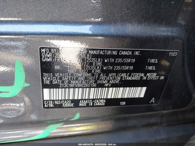 2024 Toyota Rav4 Xle Premium მანქანა იყიდება აუქციონზე, vin: 2T3C1RFV9RC260196, აუქციონის ნომერი: 46024376