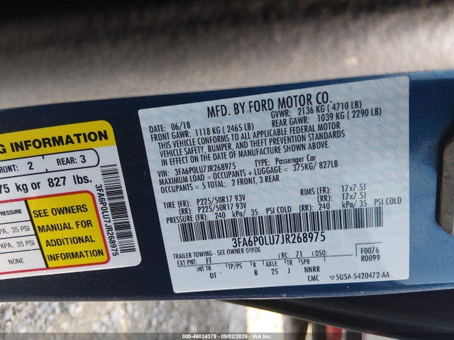 2018 Ford Fusion Hybrid Se მანქანა იყიდება აუქციონზე, vin: 3FA6P0LU7JR268975, აუქციონის ნომერი: 46024379