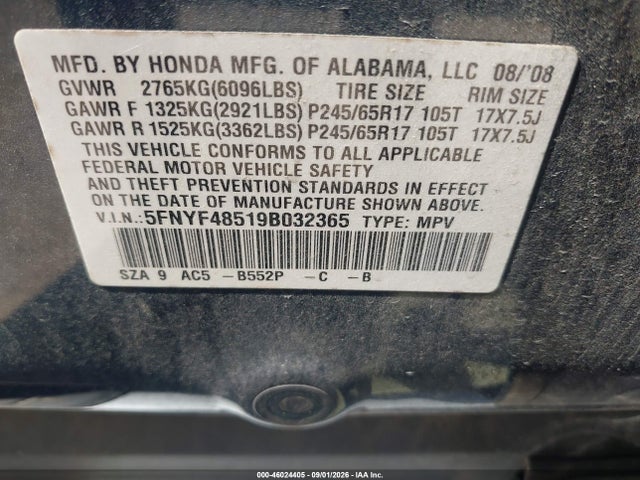 Продаж на аукціоні авто 2009 Honda Pilot Ex-l, vin: 5FNYF48519B032365, номер лоту: 46024405