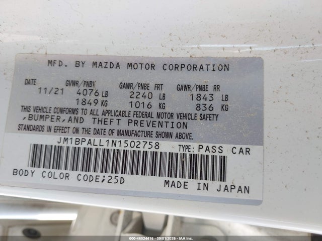 46024416 :رقم المزاد ، JM1BPALL1N1502758 vin ، 2022 Mazda Mazda3 Preferred مزاد بيع