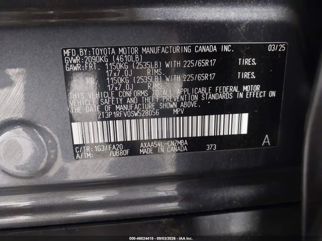 2025 Toyota Rav4 Xle მანქანა იყიდება აუქციონზე, vin: 2T3P1RFV0SW528056, აუქციონის ნომერი: 46024418