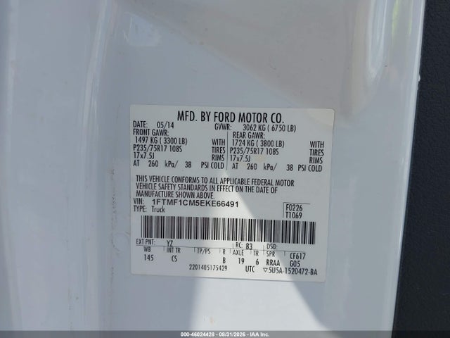 2014 Ford F-150 Xl მანქანა იყიდება აუქციონზე, vin: 1FTMF1CM5EKE66491, აუქციონის ნომერი: 46024428