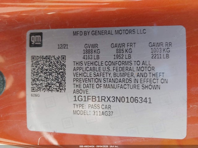 46024434 :رقم المزاد ، 1G1FB1RX3N0106341 vin ، 2022 Chevrolet Camaro Rwd  1lt مزاد بيع