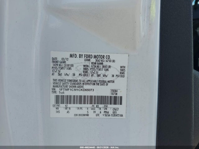 Продажа на аукционе авто 2012 Ford F-150 Xl, vin: 1FTMF1CM1CKD65073, номер лота: 46024440