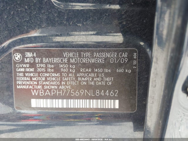 2009 Bmw 328i მანქანა იყიდება აუქციონზე, vin: WBAPH77569NL84462, აუქციონის ნომერი: 46024443