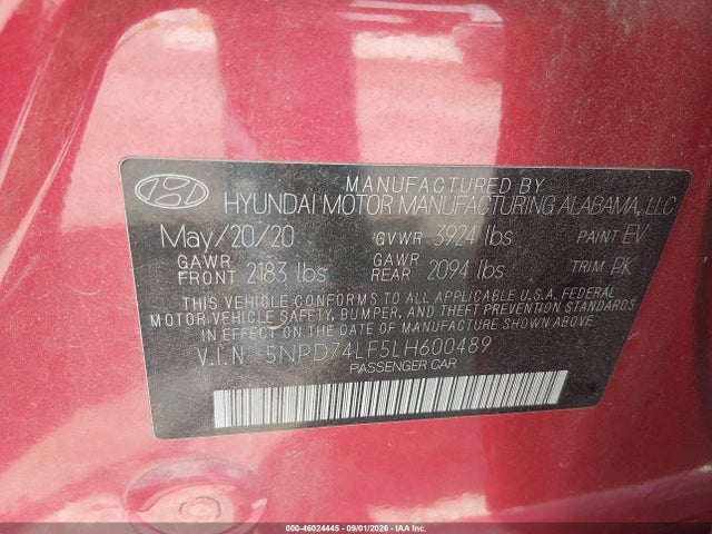 46024445 :رقم المزاد ، 5NPD74LF5LH600489 vin ، 2020 Hyundai Elantra Se مزاد بيع