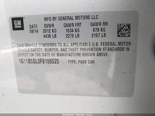Продаж на аукціоні авто 2015 Chevrolet Malibu Ls, vin: 1G11B5SL0FF156525, номер лоту: 46024446