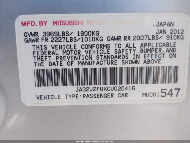 Aukcja sprzedaży 2012 Mitsubishi Lancer Es, vin: JA32U2FUXCU020416, numer aukcji: 46024465