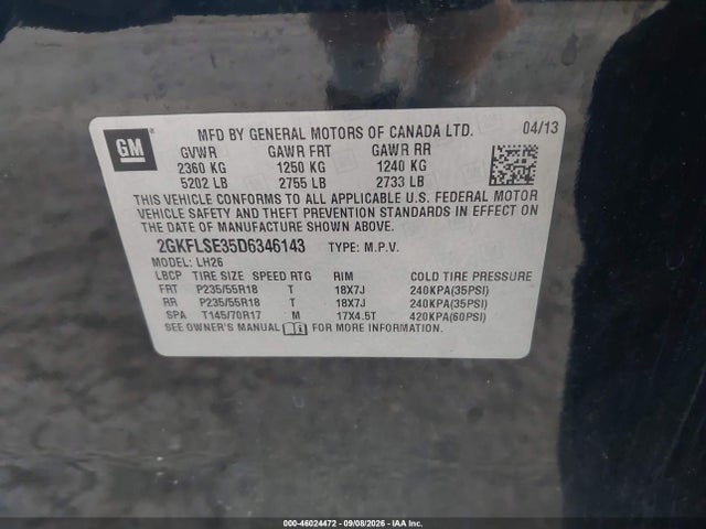 Aukcja sprzedaży 2013 Gmc Terrain Sle-2, vin: 2GKFLSE35D6346143, numer aukcji: 46024472
