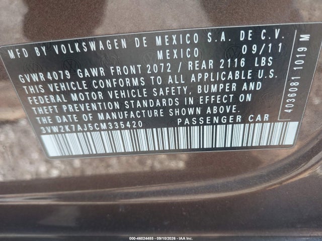 Продажа на аукционе авто 2012 Volkswagen Jetta 2.0l S, vin: 3VW2K7AJ5CM335420, номер лота: 46024485