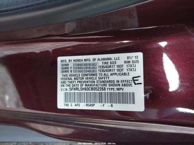 2012 Honda Odyssey Ex-l მანქანა იყიდება აუქციონზე, vin: 5FNRL5H60CB052268, აუქციონის ნომერი: 46024493