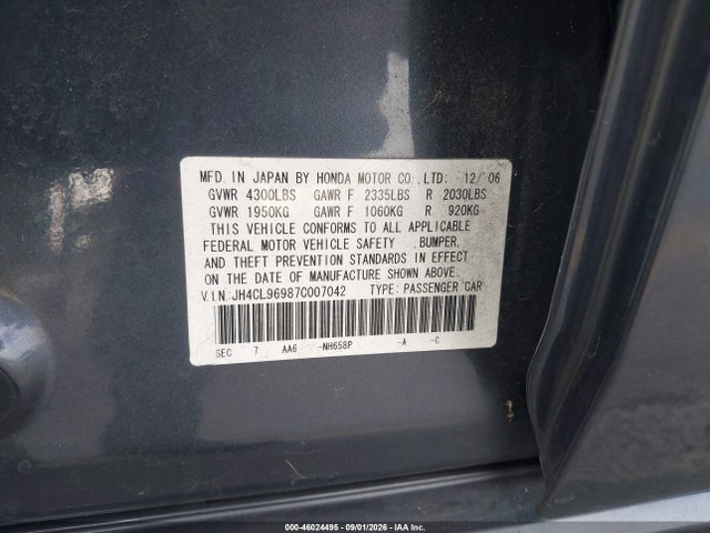 2007 Acura Tsx მანქანა იყიდება აუქციონზე, vin: JH4CL96987C007042, აუქციონის ნომერი: 46024495