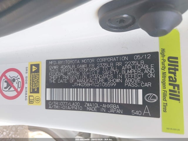 46024498 :رقم المزاد ، JTHKD5BH1C2105599 vin ، 2012 Lexus Ct 200h Premium مزاد بيع