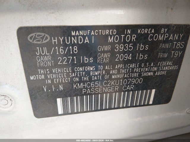 Aukcja sprzedaży 2019 Hyundai Ioniq Hybrid Blue, vin: KMHC65LC2KU107900, numer aukcji: 46024500