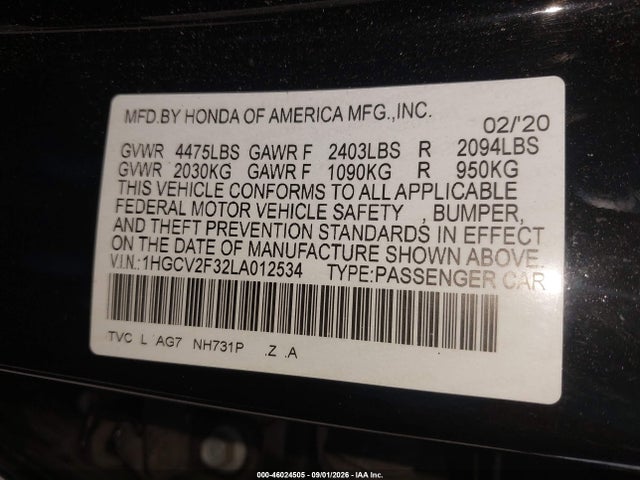 46024505 :رقم المزاد ، 1HGCV2F32LA012534 vin ، 2020 Honda Accord Sport مزاد بيع