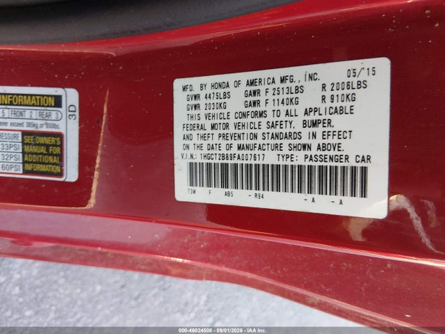 46024508 :رقم المزاد ، 1HGCT2B89FA007617 vin ، 2015 Honda Accord Ex-l V-6 مزاد بيع