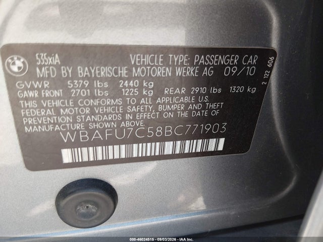 Aukcja sprzedaży 2011 Bmw 535i Xdrive, vin: WBAFU7C58BC771903, numer aukcji: 46024515
