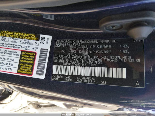 Aukcja sprzedaży 2021 Toyota Sienna Limited, vin: 5TDZRKEC7MS021362, numer aukcji: 46024516