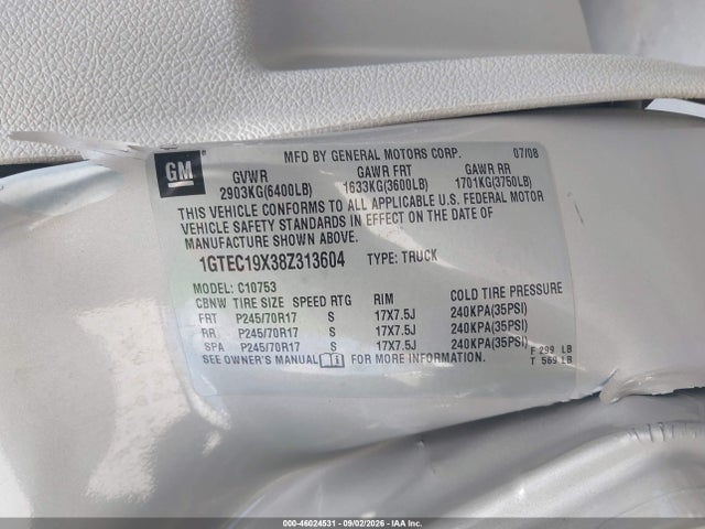 Продаж на аукціоні авто 2008 Gmc Sierra 1500 Work Truck, vin: 1GTEC19X38Z313604, номер лоту: 46024531
