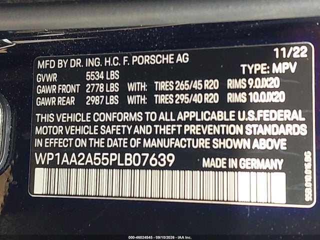 2023 Porsche Macan T მანქანა იყიდება აუქციონზე, vin: WP1AA2A55PLB07639, აუქციონის ნომერი: 46024545