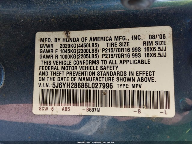 46024547 :رقم المزاد ، 5J6YH28686L027996 vin ، 2006 Honda Element Ex مزاد بيع