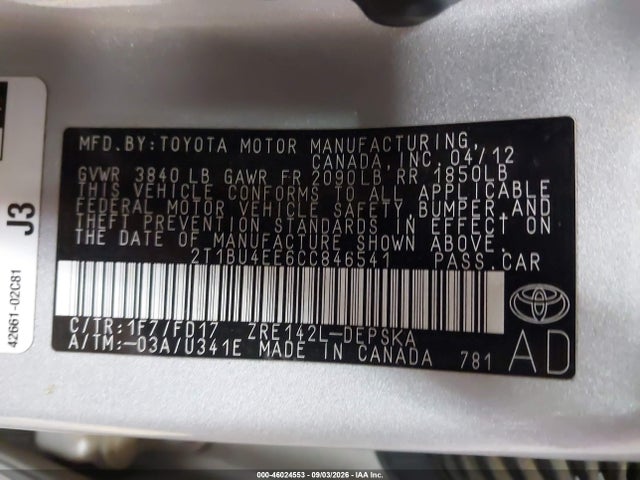 46024553 :رقم المزاد ، 2T1BU4EE6CC846541 vin ، 2012 Toyota Corolla S مزاد بيع