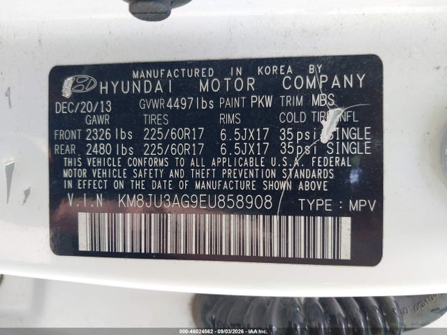 Aukcja sprzedaży 2014 Hyundai Tucson Se, vin: KM8JU3AG9EU858908, numer aukcji: 46024562