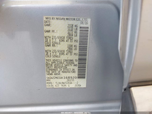 Nissan MURANO SL 2016 5N1AZ2MG5GN168920 Image 9
