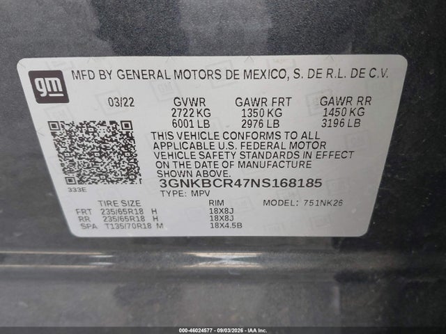 3GNKBCR47NS168185 Chevrolet Blazer Fwd 2lt