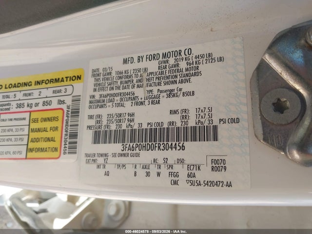 Aukcja sprzedaży 2015 Ford Fusion Se, vin: 3FA6P0HD0FR304456, numer aukcji: 46024578