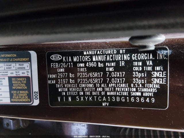 Aukcja sprzedaży 2011 Kia Sorento Lx, vin: 5XYKTCA13BG163649, numer aukcji: 46024592