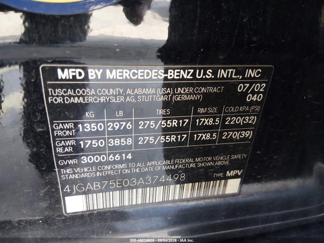 Продаж на аукціоні авто 2003 Mercedes-benz Ml 500, vin: 4JGAB75E03A374498, номер лоту: 46024608
